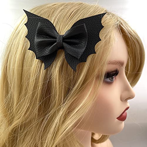 2 чифта черни заколок за коса във формата на крила на прилеп, с лък в ляво и в дясно от изкуствена кожа за Хелоуин костюм