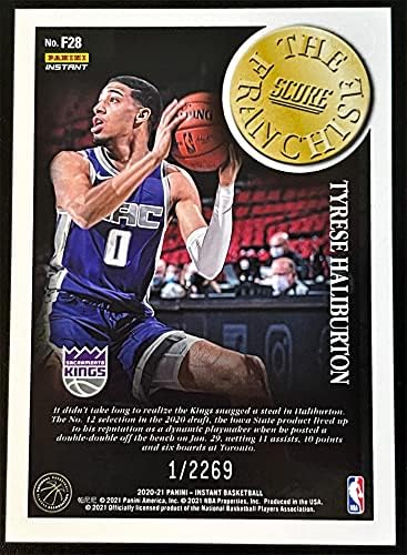 За сметка на Панини в СЕЗОН 2020-21 - Франчайз - Баскетболно карта начинаещ ТАЙРИЙС HALIBURTON - Издаден в ограничен тираж, само 2269 копия - Сакраменто Кингс
