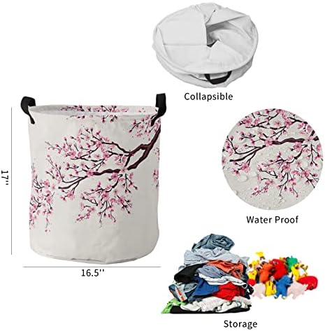 Голяма Кошница за дрехи Cherry Blossom, Сгъваема Чанта с Удобни Дръжки за Носене, Розова Азиатски Японски Чул Бежов Цвят,