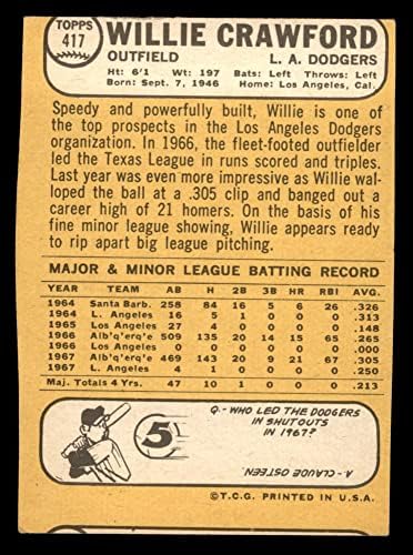 1968 Topps 417 Уили Крауфорд Лос Анджелис Доджърс (Бейзбол карта) ЧЕСТНО Доджърс