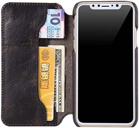 Многофункционална чанта-кобур за мобилен телефон от телешка кожа с хоризонтална панти капак от Маслен восък за iPhone Xs Max, отделения за карти и чантата (Черен) (Цвят: ч?