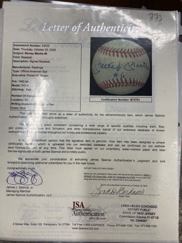 Бейзболни топки с автограф от Мики Мэнтла #6 от JSA LOA - Бейзболни топки с Автографи