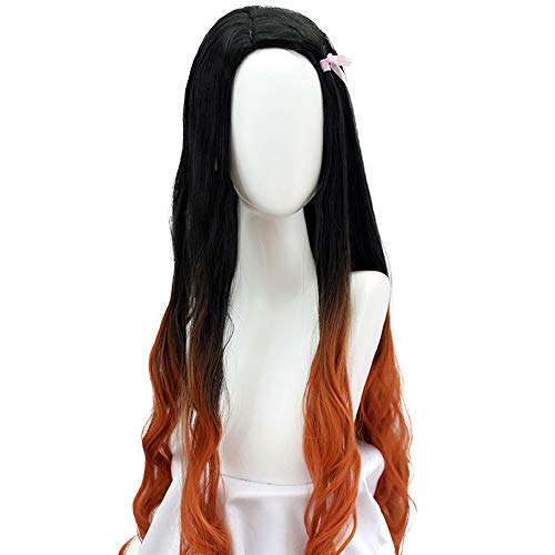 Жена дълъг черен омбре оранжево къдрава перука за cosplay от синтетични косми (Kamado Nezuko)