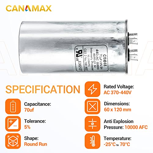 Кондензатор кръгово ход Canamax 70 icf ± 5% MFD 370 или 440 В Замяна на климатика 50/60 Hz за стартиране на двигателя