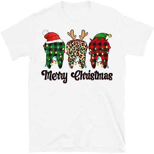 Весела Коледа От Зъболекар Зъби, Шапка На Дядо Коледа, Коледна Леопардовая Клетчатая Тениска, Забавен Зъб, Стоматологичен