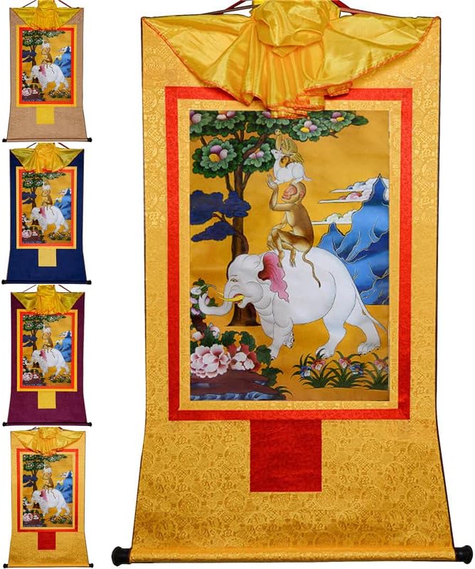 Гандханра Четири Хармонични Животни (Слон, Маймуна, Заек, Птица), Тибетски Живопис Тханка, Будистка Брокат Тханка, Гоблен