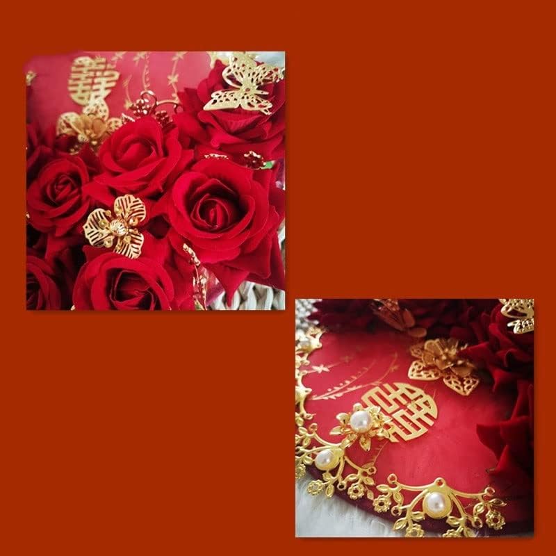 SXDS Изкуствени Рози, Плевене Червени Цветя Веер за Булчински Букет в Китайски Стил, Златни Метални Аксесоари За Вентилатора