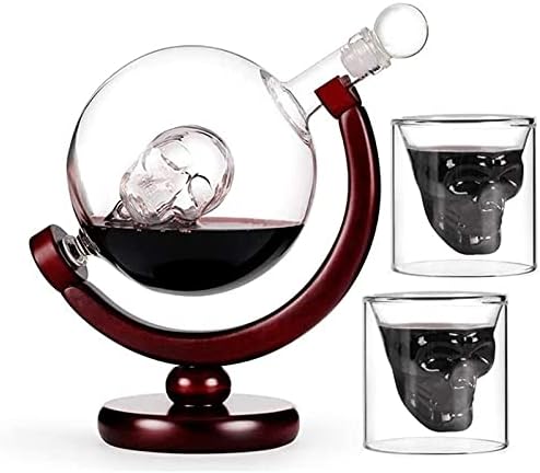 Набор от графинов за уиски ZETZU, състоящ се от 2 Чаши за вино, от стъкло във формата на черепа, красива дървена рамка