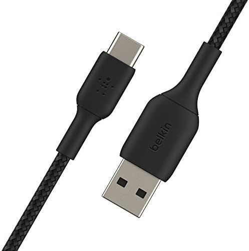 USB кабел-C в оплетке Belkin, 2 м, черно (CAB002bt2MBK), 6,6 фута и кабел Lightning в оплетке (кабел за зареждане на
