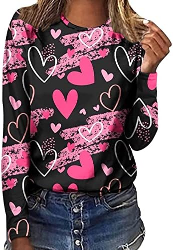 NOKMOPO Тениски с дълъг Ръкав за Жени, Дамски Разпечатки с кръгло деколте в Свети Валентин е ден за ден Свободен Топ