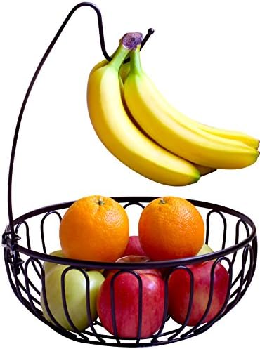 Метална Кошница за плодове DecoBros с Закачалка от Банан Дърво, Бронз