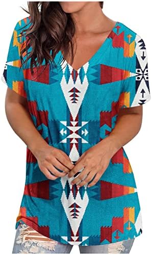 Реколта Графични Тениски за Жени, Свободни Тениски с Къс Ръкав, Западен Ацтекский Геометричен Принт, Блузи с V-образно