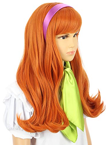 karlery/ дълга къдрава оранжева перука с бретон за момичета, перука за cosplay на Хелоуин, празник на перука (безплатен лилаво превръзка на главата и шапка за перука)