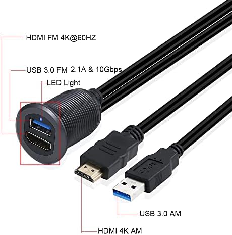 Определяне на Kework USB 3.0 и HDMI с подсветка, 3,3 метра USB 3.0 от мъжа към жената и HDMI 4K от мъжа към Жената, Вълни,