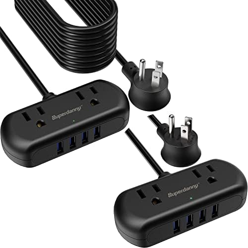 Захранващ кабел с USB, Мрежов филтър SUPERDANNY Mini с 2 Широко Разположени розетки и 4 USB порта, Удължител с дължина