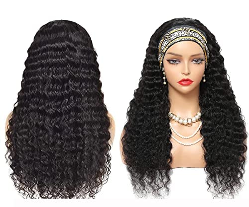 Aiterina Перука с превръзка на главата, дълбока вълна, перуки, изработени от човешка коса за черни жени, бразилски косата