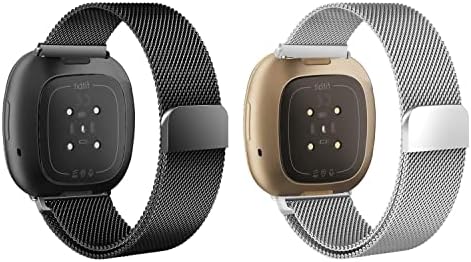 WIGERLON (2 опаковки, съвместими с джапанки Fitbit Versa 3 /Fitbit Sense за жени и мъже, заменяеми метални въжета от мрежа от неръждаема стомана за Fitbit Sense /Fitbit Versa 3, черни и сребристи