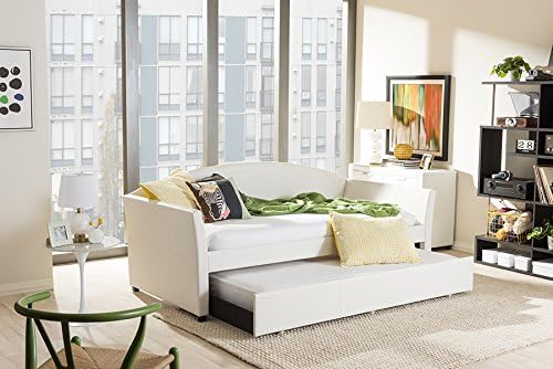 Модерен диван с извита облегалка от бяла изкуствена кожа Baxton Studio London, Двойно канапе с разтегателен диван за