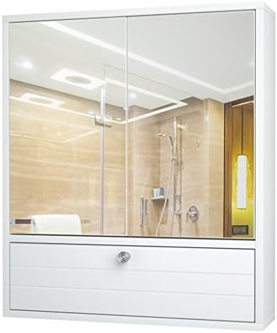 Шкаф за баня от орехово дърво с Двойни Огледални Врати, Стенни Дървени рафтове за съхранение, Бели мебели за баня (Цвят: