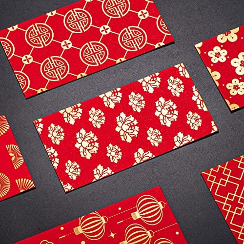 Whaline 48 Опаковки Китайски Новогодишни Червени пликове 6 Дизайни от Червено златно фолио Хонг Bao Година на Заека Червени Пликове 2023 Щастливи Парични Пликове Червен па