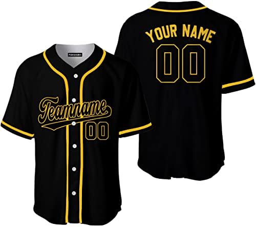 FoxWears Изработени по поръчка Черна Златисто-Жълта Мъжка Бейзболна Риза с Копчета, Персонални Бейзболни Ризи, Спортна