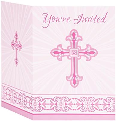 Уникални Покани на парти с Блеснали Религиозни Кръст, на 5.5 x 4, Розов