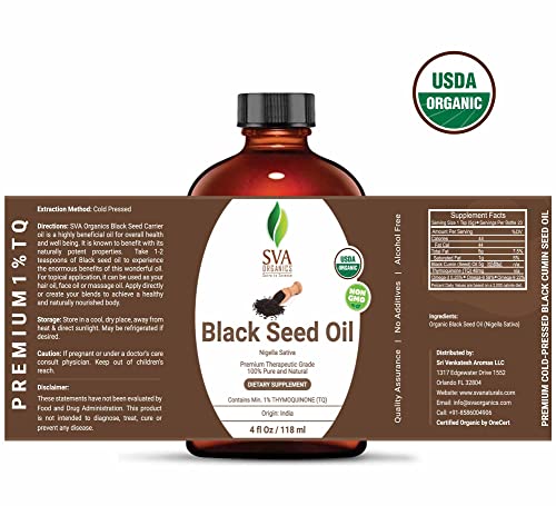 SVA ORGANICS Терапевтични масло от черен кимион Първия пресовано Нерафинирано 4 oz (118 ml) Органични Нигелла Sativa