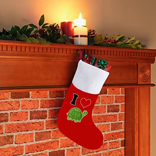 Аз Обичам Коледни Чорапи с Черепашками от Червено Кадифе, с Бял Пакет шоколадови Бонбони, Коледни Украси и Аксесоари