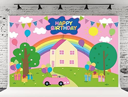 7X5ft 7X5ft Карикатура честит Рожден Ден на Банер За Партита, Фонове, Дъгата Cartoony Къща, Зелени дървета, Растения,