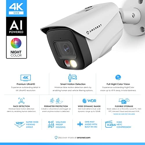 Amcrest UltraHD 4K (8MP) IP PoE AI-камера, FOV 129 °, Цветно нощно виждане 49 метра, Външна Пуленепробиваемая камера
