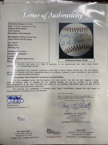 Залата на Славата на Мики Мэнтла 1974 КОПИТО Подписа Бейзболен JSA LOA - Бейзболни топки с автографи