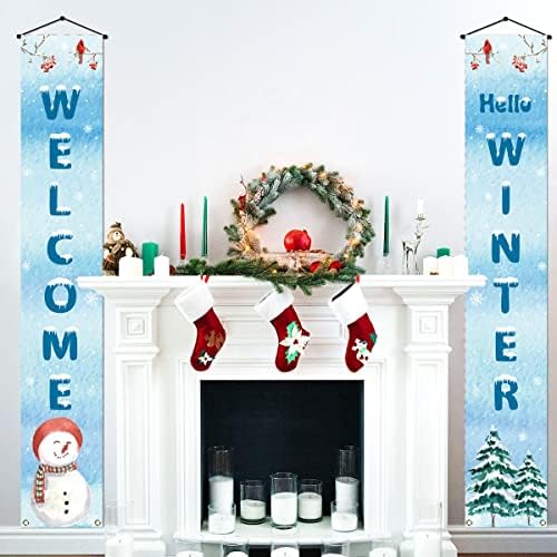 Добре Дошли Здравейте Зимата На Верандата Банер Снежен Човек Кардинал Коледа Коледен Празничен Знак На Входните Врати,