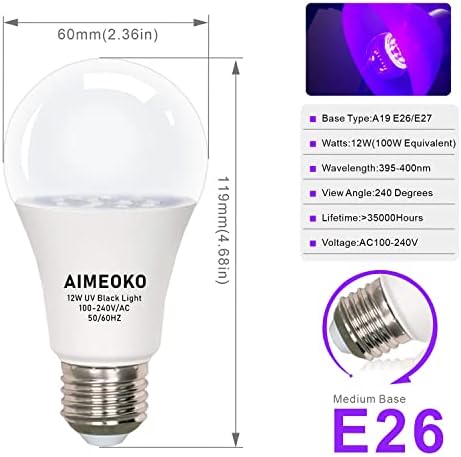 Черна крушка AIMEOKO 12 W (еквивалент на 100 Вата) - UV-led лампи E26 за неон парти, за Хелоуин, Флуоресцентна плакат,