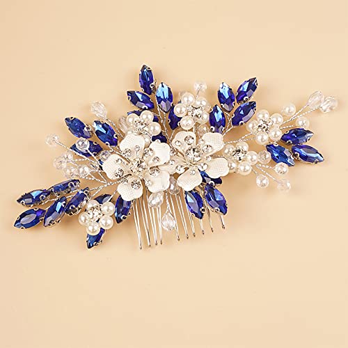Гребен за коса с цветя Kercisbeauty за жени и момичета, сватбена прическа с декорация във формата на кристали (син)