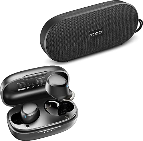 Безжични слушалки TOZO A1, Mini Bluetooth 5.3 in Ear, Леки Слушалки Черен цвят и Bluetooth-високоговорител TOZO PA1 със