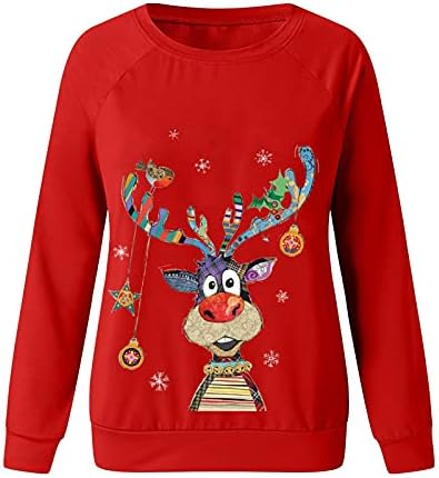 Коледни Жилетки, Дамски Блузи с дълъг ръкав и Принтом Елен, Пуловер, Ежедневни Сладки Ризи с кръгло деколте, Червено