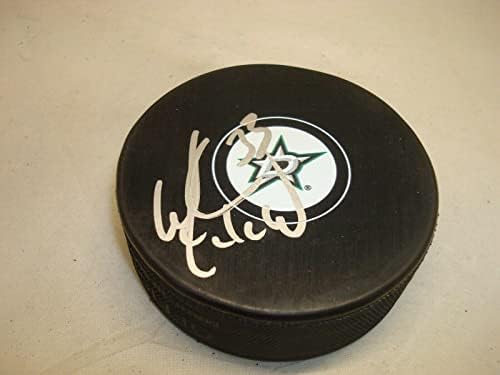Марк Метот подписа хокей шайба Далас Старс с автограф от 1B - за Миене на НХЛ с автограф
