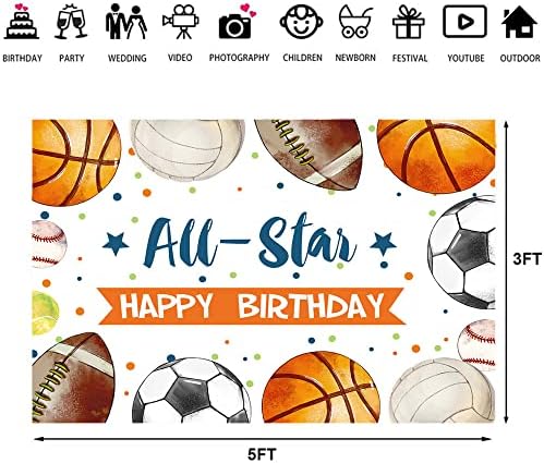 Ticuenicoa 5 × 3 метра Спортен Фон за рождения Ден на All Star Момчета Футбол, Баскетбол, Бейзбол Детски Фон За рождения Ден на Детска Спортна Тема Банер за Парти по случай рож