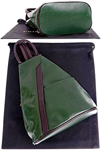 PRIMO SACCHI Италианска Мека Кожена Тъмно Зелена и Кафява Чанта През Рамо С Горната Дръжка, Раница, в Чантата