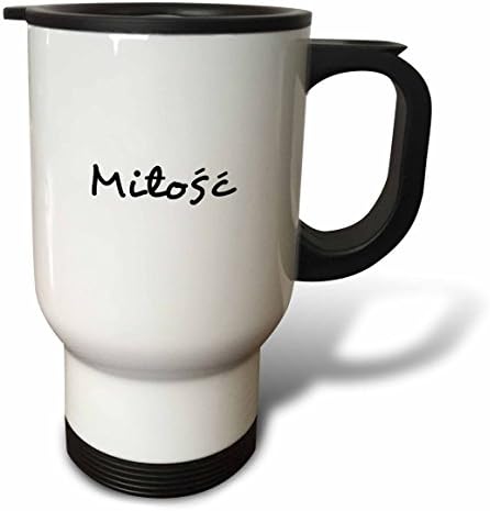 3dRose Milosc, Думата, обозначаваща Любов-на полски, се произнася като Miwoshch, Романтична Пътна чаша с Черен текст,