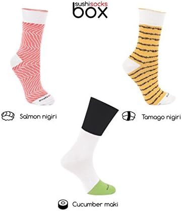Чорапи Rainbow - Мъжки и женски - Кутия за чорапи за суши Tamago с краставици и сьомга - 3 чифта