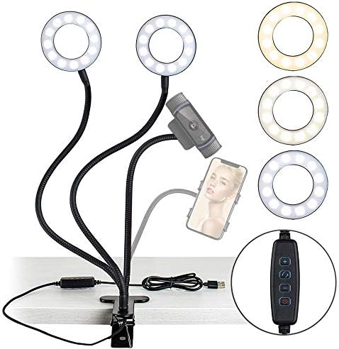NexiGo 3,5-Инчов двоен околовръстен лампа за Селфи с подвижен държач телефон и уеб камера, 3 режима на осветление, 10