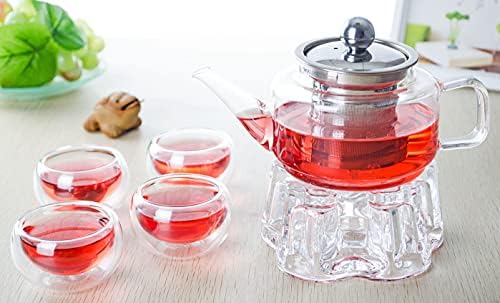 Сплескан чайник от красивия стъкло с приготвяне на чай от неръждаема стомана + 4 Мини-чаши + Нагревател
