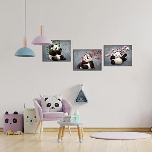 Saypeacher Комплект от 3 теми, картината в рамка с изображение на панда, игра с животни и Цветя, Платно, Стенно Изкуство,