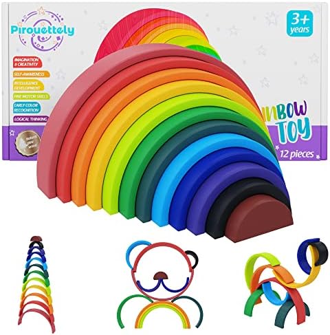 Пируэтный Много Голям чейнджър Rainbow Stacker (12 парчета) – Дървена играчка–чейнджър Дъгата ярки цветове - Дървена