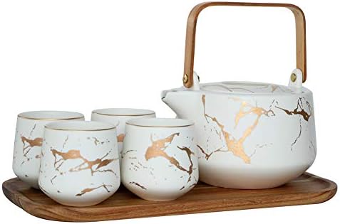 Комплект Чаени сервизов Sunddo от бял мрамор, Керамични Голям чайник (40 грама), Чаени чаши от 4 теми (6,7 унции) с Дървени