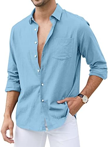 Мъжка риза Свободно Cut GIANZEN от памук и Лен Свободно Cut с дълги ръкави, Бизнес и Ежедневни Риза с копчета с джоб