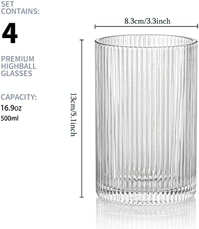 Набор от винтажной стъклени чаши POLIDREAM в рубчик: 4 чаши XL обем 16,9 унция, Нагънат съдове в стил оригами, Елегантна