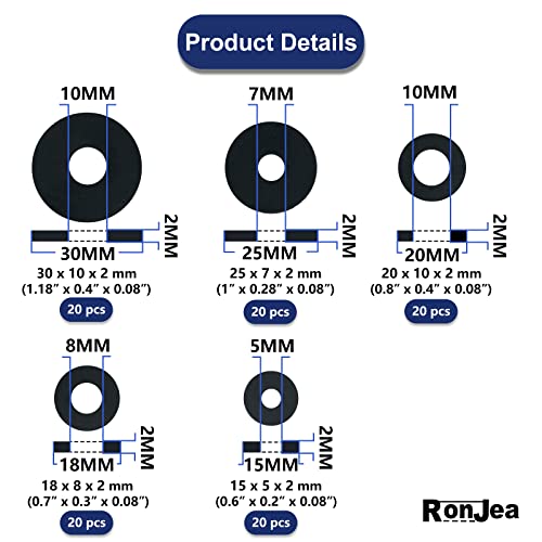 Комплект плоски гумени шайби 100 бр. в асортимент: Черна гумена плоска шайба RonJea за болтове/смесителни батерии / Винтове