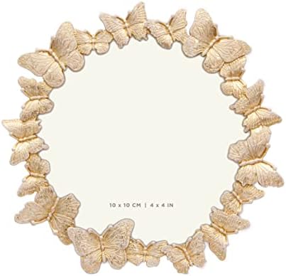ПОДАРЪК Кръгла Рамка за снимки с пеперуди, Златна с бяла рамка, 4 x 4, персонални фото рамка с кръгла форма, за вертикално